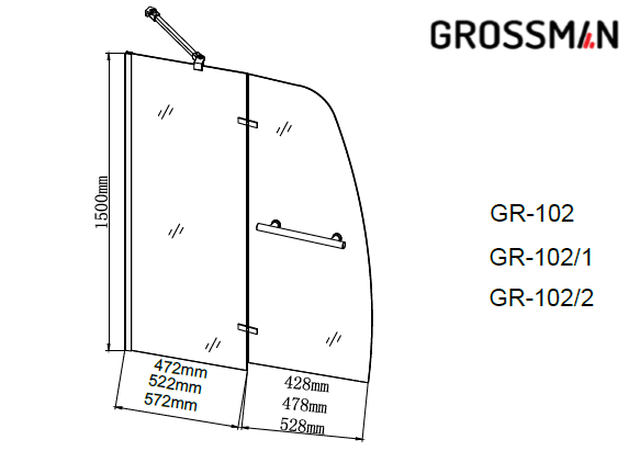 Шторка для ванны Grossman GR-102 150х90 распашная,хром
