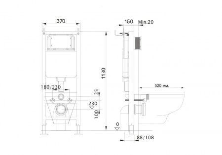 Инсталляция для подвесного унитаза узкая Aquatek Standart 37 INS-0000017 , 1130*370*150 мм, +звукоизоляционная прокладка