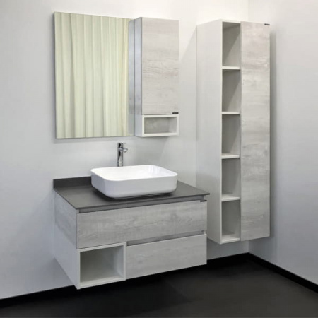 Тумба с раковиной Comforty "Прага-90" дуб белый со светло-серой столешницей