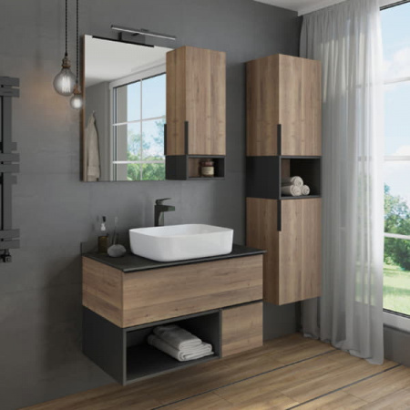 Тумба с раковиной Comforty "Штутгарт-90" дуб тёмно-коричневый с черной столешницей