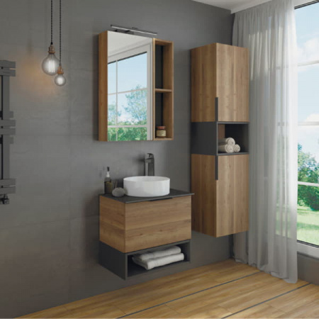 Тумба с раковиной Comforty "Штутгарт-60" дуб тёмно-коричневый с черной столешницей