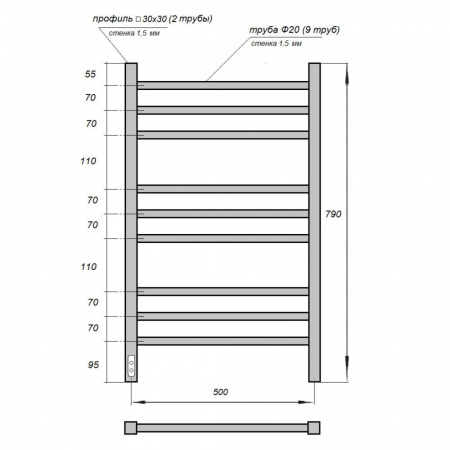 Полотенцесушитель электрический Point PN70758W П9 500x800, диммер слева, белый