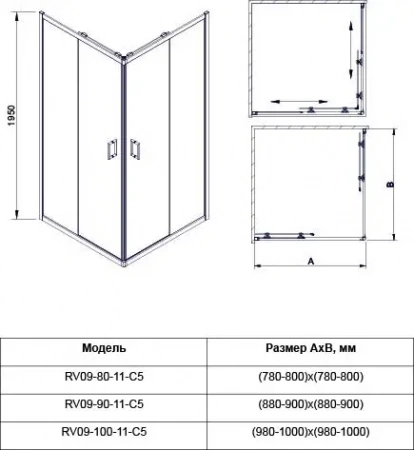 Душевой угол Veconi Rovigo RV-09,900x900x1950, черный, стекло прозрачное
