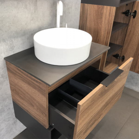 Тумба с раковиной Comforty "Штутгарт-60" дуб тёмно-коричневый с черной столешницей