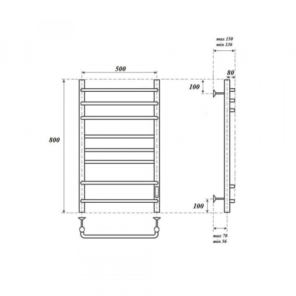Полотенцесушитель электрический Point PN90858B П8 500x800 диммер справа, черный