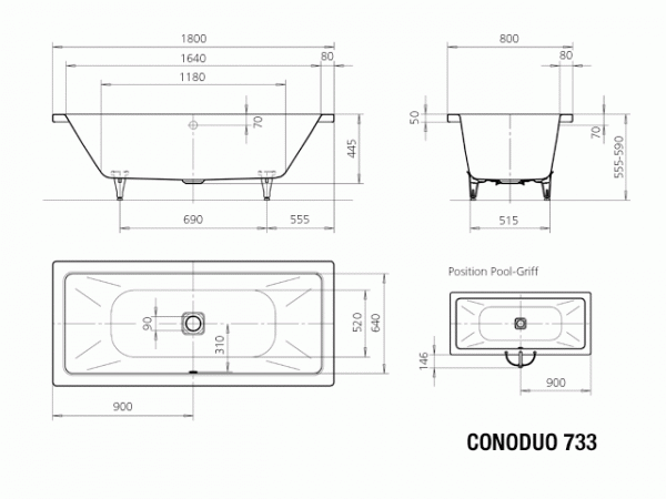 Ванна стальная Kaldewei Conoduo 733 пустая 180х80 см